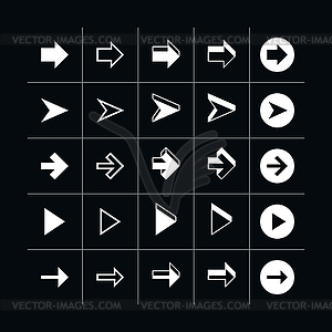 Set of 25 miscellaneous white arrows on black - vector clip art