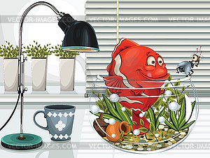 Red fish in aquarium on a table - vector clip art