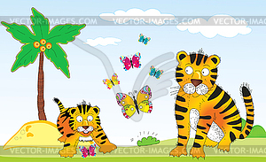 Cheerful card with tigers - vector image