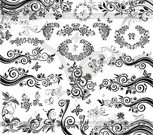 Black floral design elements - vector clipart