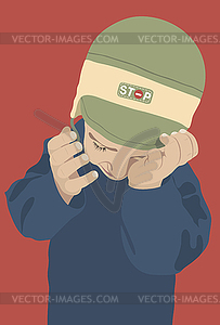 Crying kid with green cap on red background - vector image