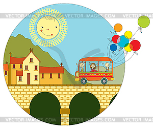 Travel by bus to town - vector clipart