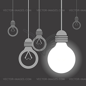 Hanging light bulbs, One of them is lighting - vector image