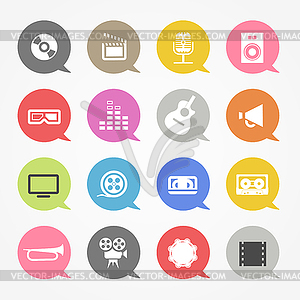 Media web icons set in color speech clouds - vector clip art