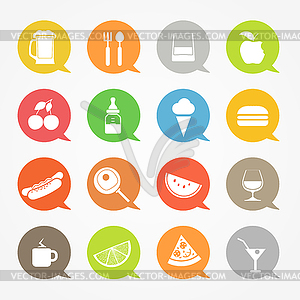 Food web icons set in color speech clouds - vector clip art