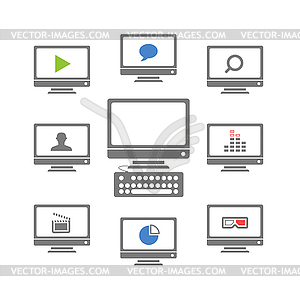 Modern monitors with different icons - vector clip art