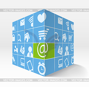 3d cube with media icons on its sides - vector image