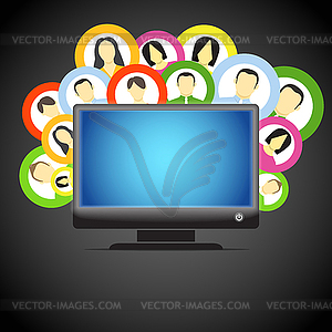Glowing computer monitor and social media members - vector image