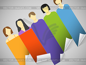 Color account avatars with bending paper banners. - stock vector clipart