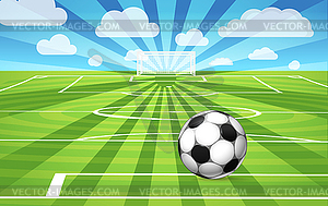 Soccer ball lying on grass of game field - vector clipart