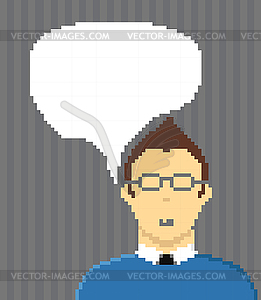Pixel style businessman with speech cloud - vector clip art