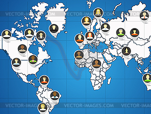 Social network abstract scheme on Earth map - vector clipart