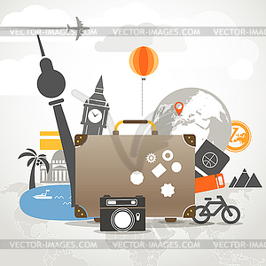 Vacation travelling composition concept with old bag - vector clipart