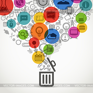 Different icons flows into garbage basket - vector clip art