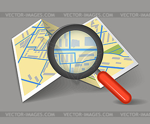 Folded map with magnifying glass - vector clip art