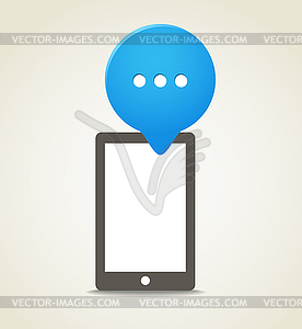 Modern mobile phone with blue speech cloud - vector EPS clipart