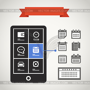 Современный мобильный телефон с календарем иконок - векторное изображение клипарта