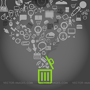 Different icons flows into garbage basket - vector image