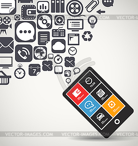 Modern mobile phone with flying icons - vector clip art
