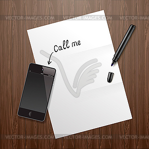 Blank white paper on wooden desk with mobile phone - vector clipart