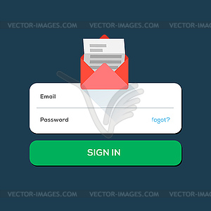 Envelope e-mail Flat icon, with log in button - vector clipart