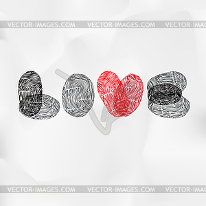 Word Love written with fingerprint, Valentine card - color vector clipart