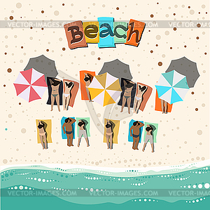 Summer beach with sunbathing people - vector clipart