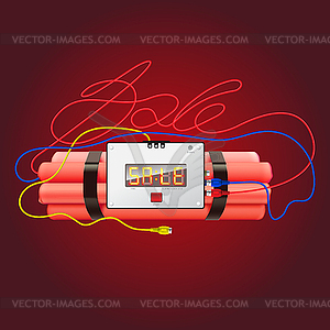 Sale poster with explosives alarm clock - vector image