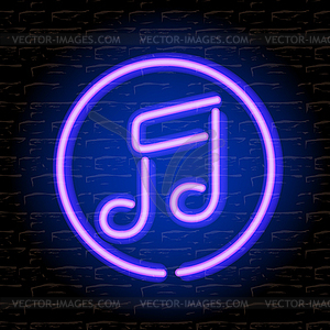 Neon music note on brick wall - vector clip art