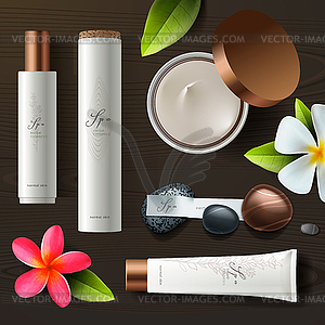 Natural spa cosmetics on wooden background - vector image