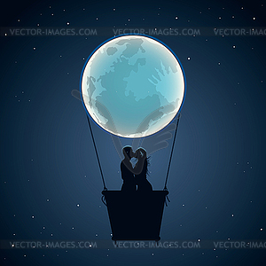 Lovers by hot air balloon in moon form - vector clipart