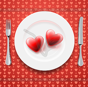 Red hearts on plate, Valentine`s Day - vector clipart