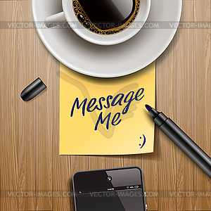 Желтый Примечание палку с маркером, чашка кофе и таблицы - векторизованное изображение клипарта