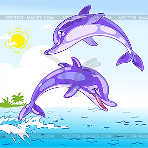 Дельфины в море - векторный графический клипарт