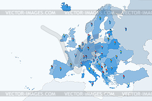 Europe map with pin flags - vector clipart