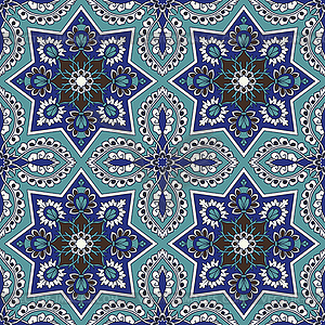 Arabesque seamless pattern in blue and turquoise - vector clipart