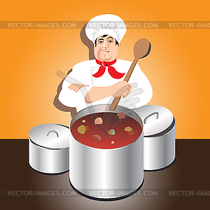 Chef prepares hot soup in the pan - vector clipart