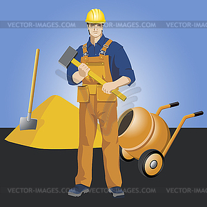 Male worker builder in a helmet with a hammer - vector clipart