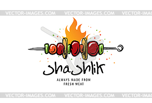 Logo with drawn barbecue on skewer - vector clip art