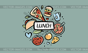 Painted set of lunch products in form of an emblem - vector clipart