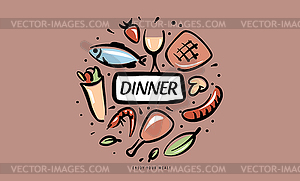 Painted set of dinner products in form of an emblem - vector image