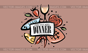 Painted set of dinner products in form of an emblem - vector clipart