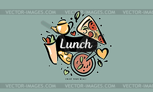 Painted set of lunch products in form of an emblem - vector image