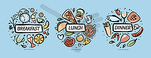 Drawn sets of products for breakfast, lunch and - vector clipart