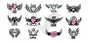 Set of drawn s of hearts and wings - vector clipart