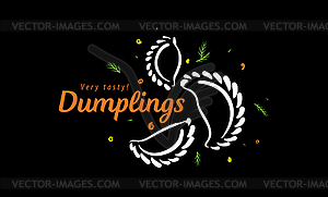 Logo with drawn dumplings on black background - vector clipart