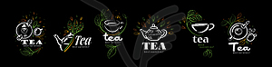 Set of logos with painted teapot, cup of tea and - vector image