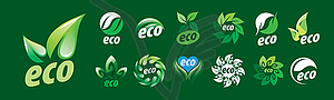 Set of eco icons on green background - vector image