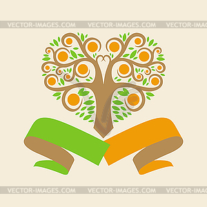 Wedding logo with an orange tree in form of hearts - vector clipart