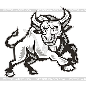 Raging Bull Attacking Charging Woodcut - vector clipart